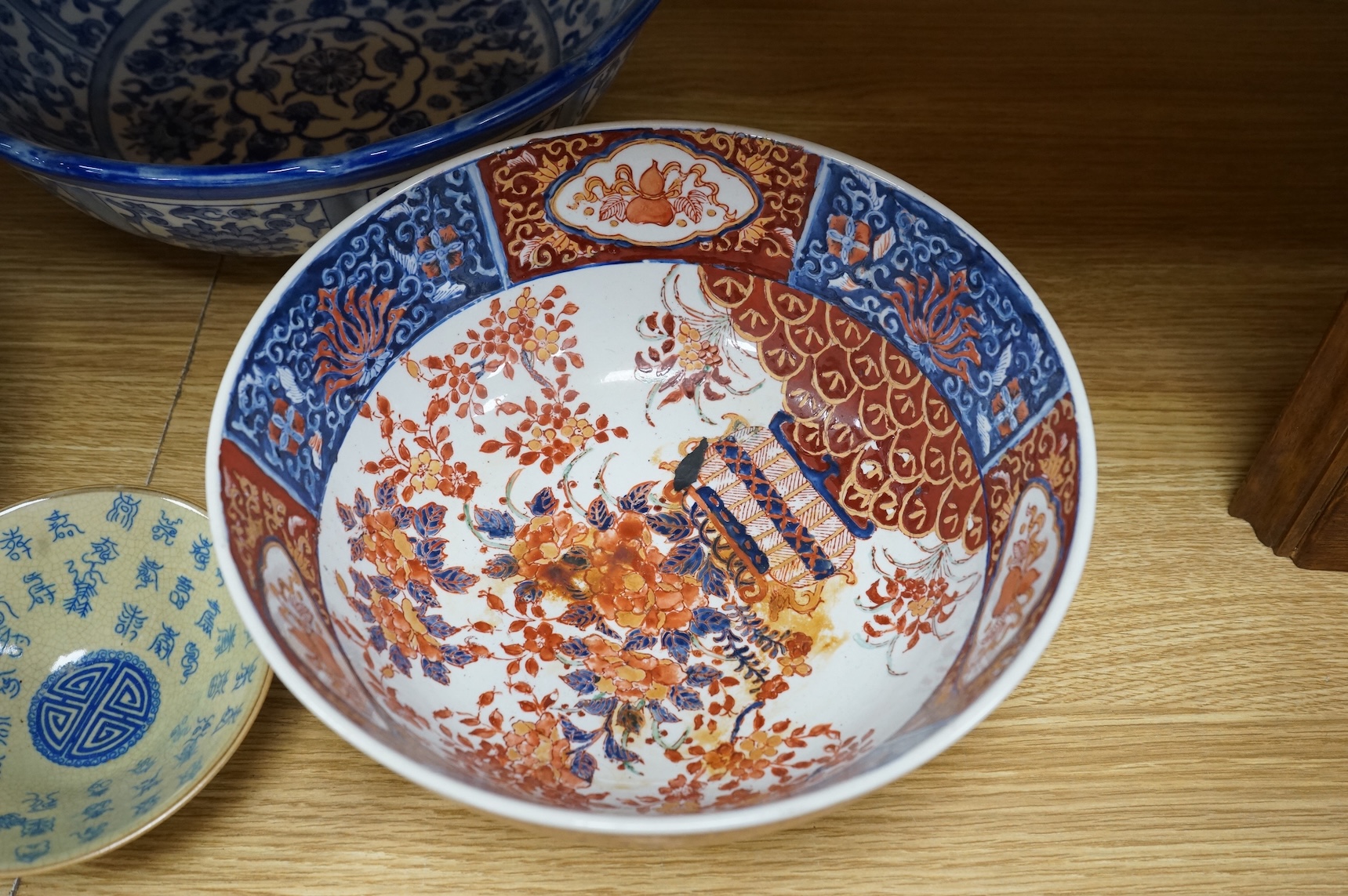A collection of Chinese mixed ceramics, largest blue and white bowl 33cm diameter